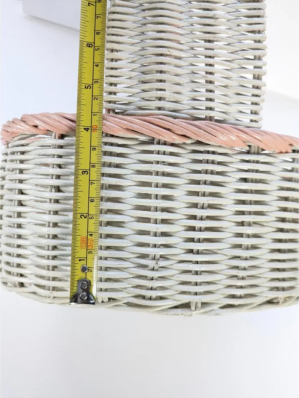 Vintage Cottage / Grandma Barbola Rose Gesso Painted Basket, White & Pink Wicker